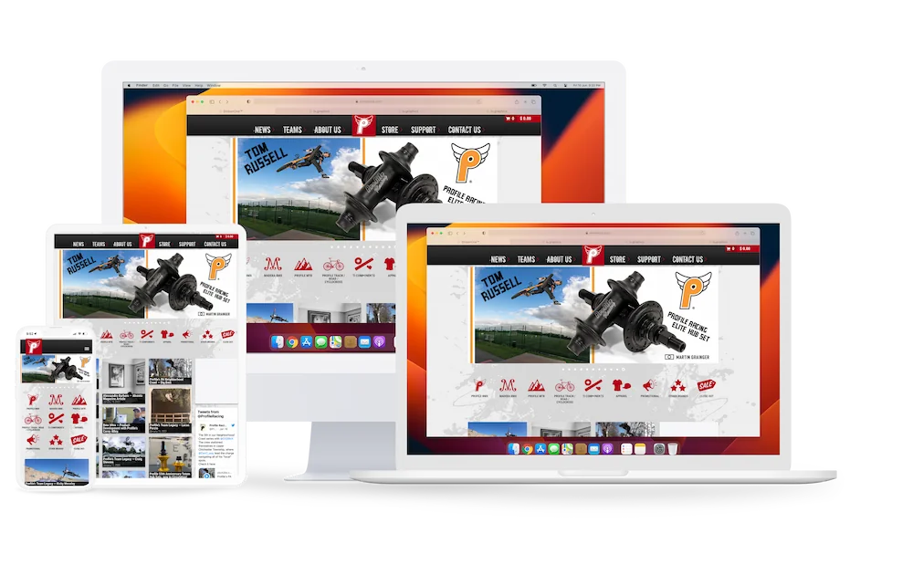 Profile Racing e-commerce site on desktop, tablet, and mobile devices