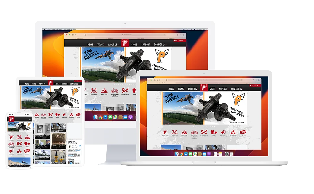 Profile Racing e-commerce site on desktop, tablet, and mobile devices