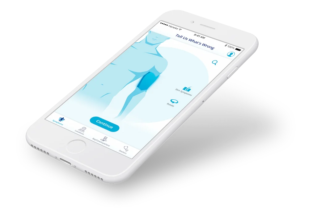 Symptom checker app on iPhone showing interactive body diagram