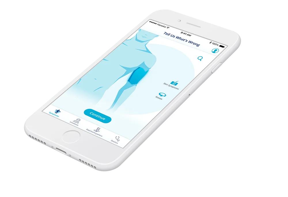 Symptom checker app on iPhone showing interactive body diagram