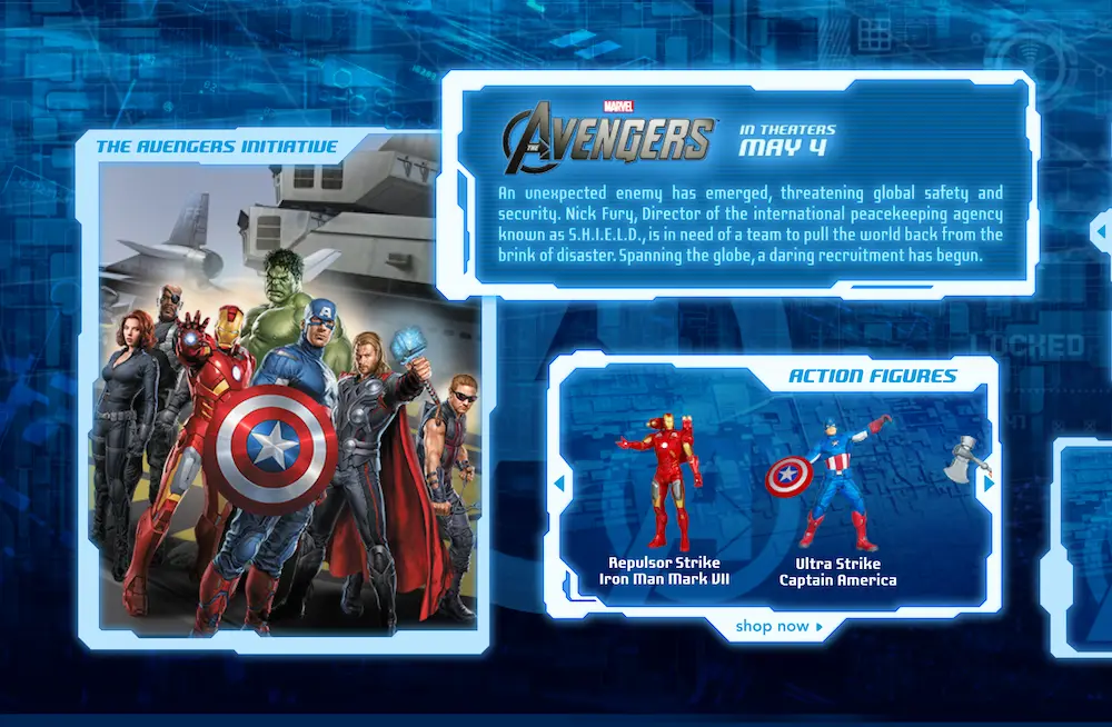 The experience featured "windows" for Avengers' bios and action figures