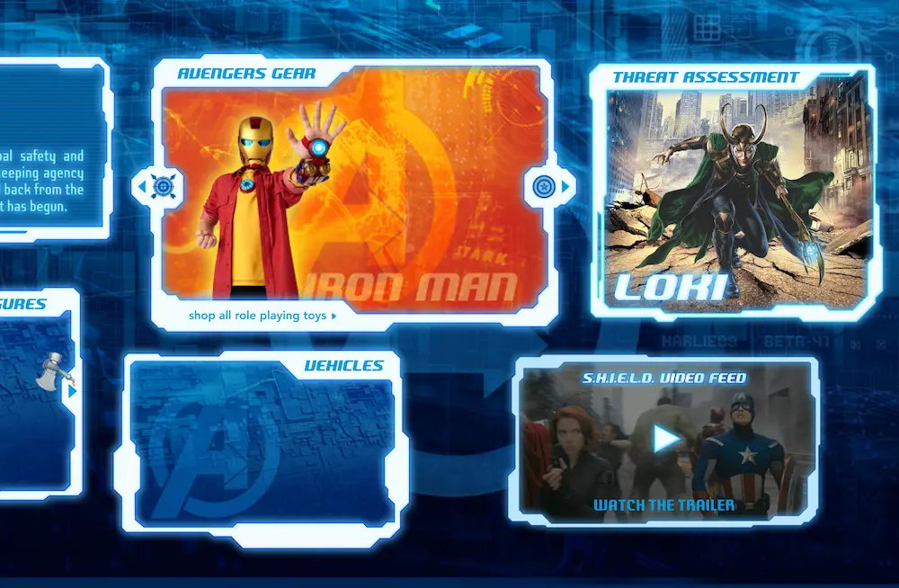 Scrolling revealed additional windows for role-playing toys, vehicles, Loki's bio, and the theatrical trailer