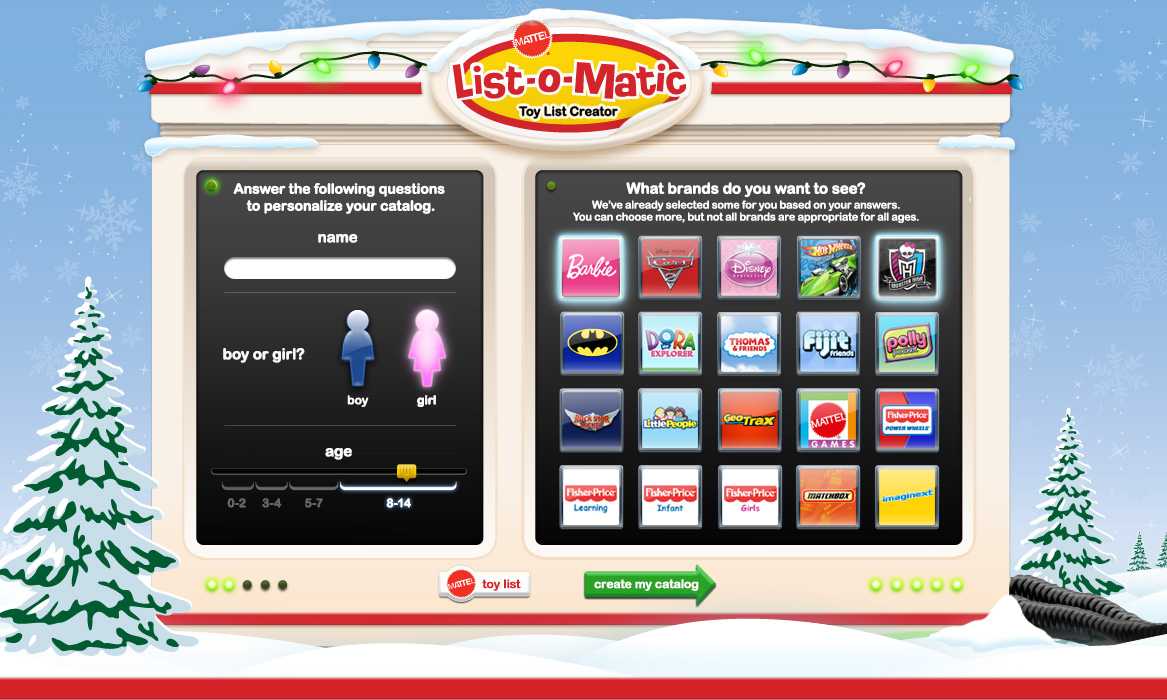 The first part of the List-O-Matic machine, featuring panels for profile info and preferred brands