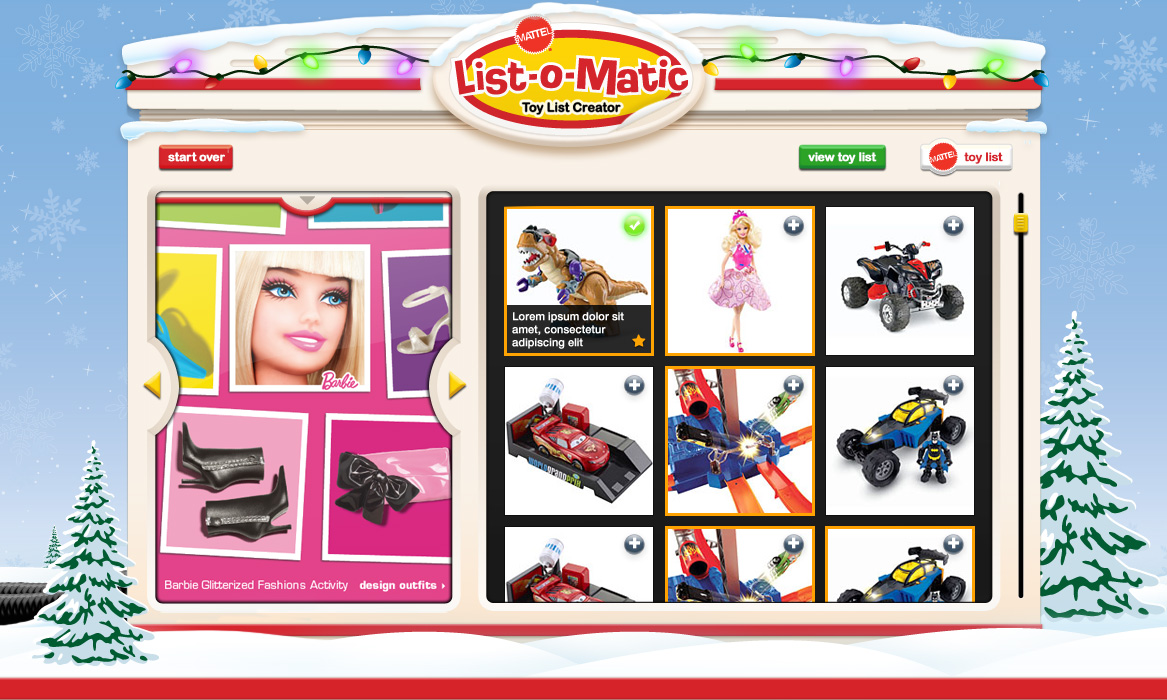 The second part of the List-O-Matic machine, featuring recommended toys and products to add to the wishlist