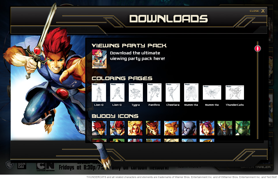 Modal window with downloads, including party pack, coloring pages, and buddy icons
