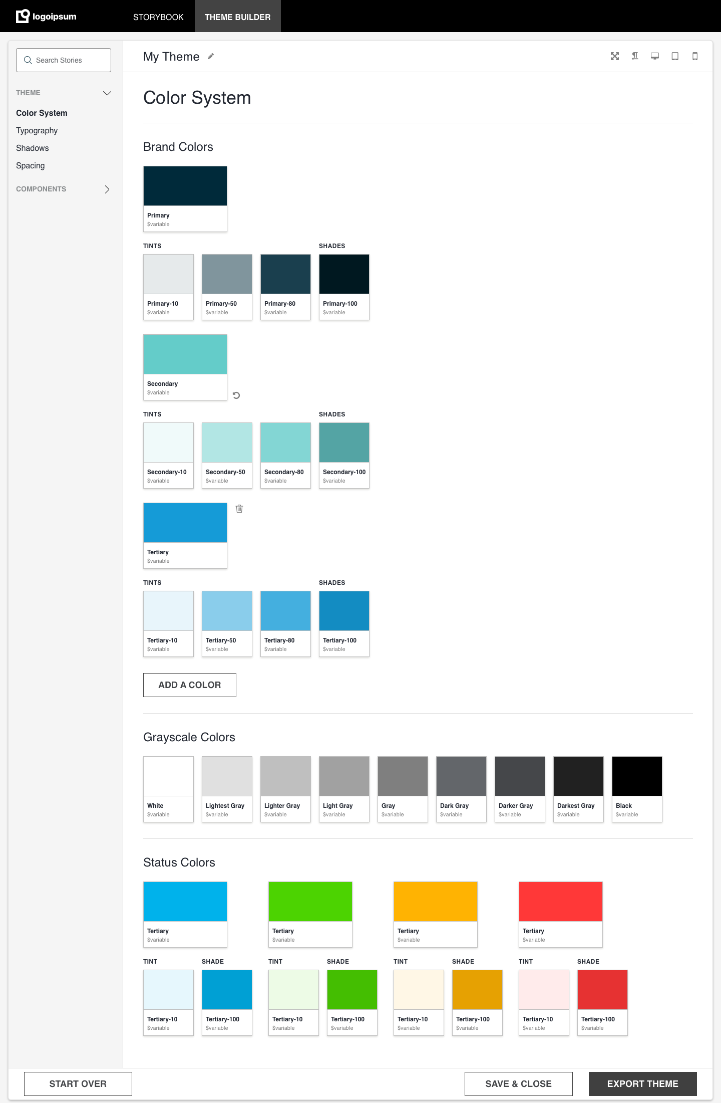 Theme Builder color system settings