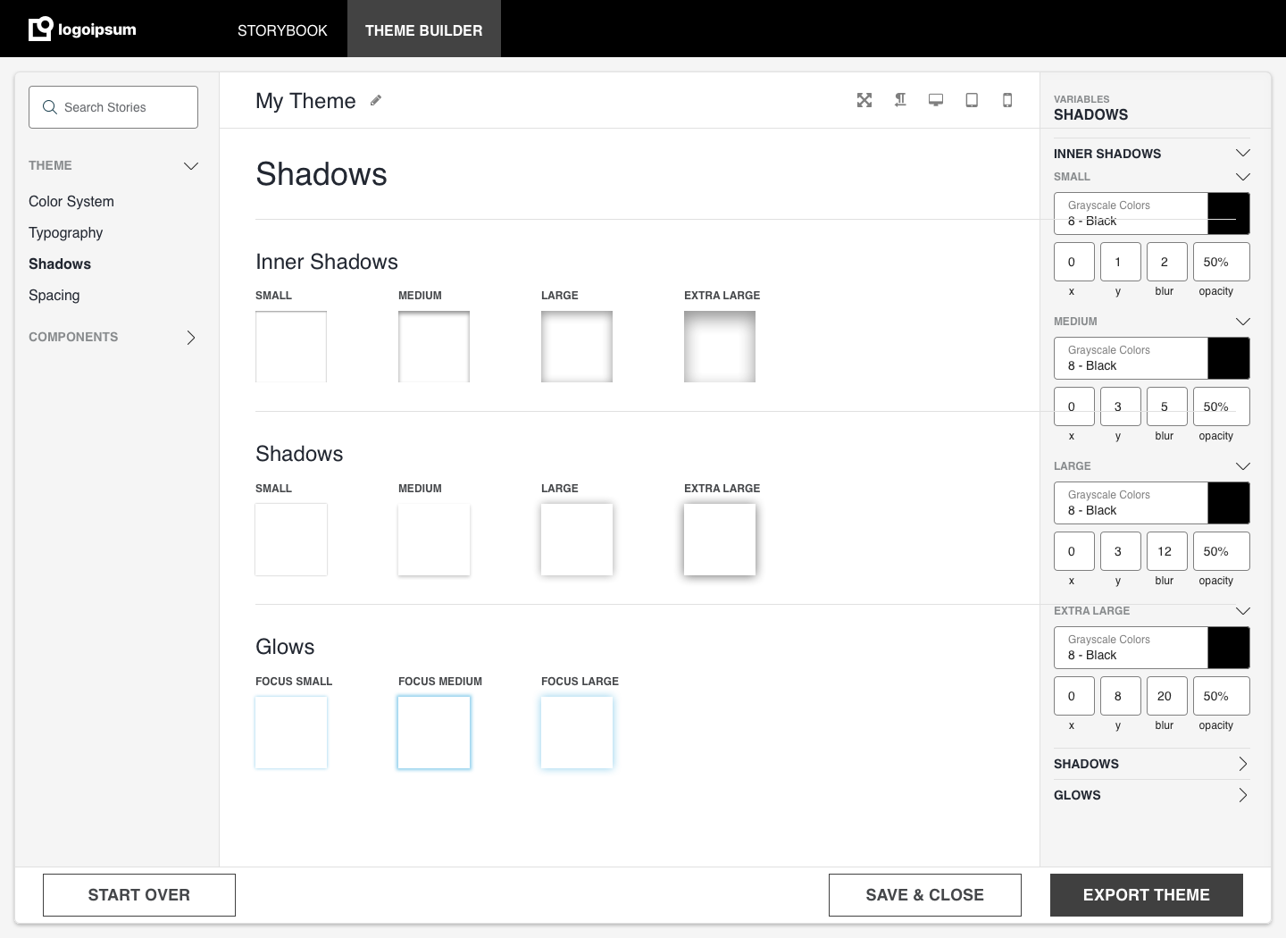 Theme Builder shadow settings