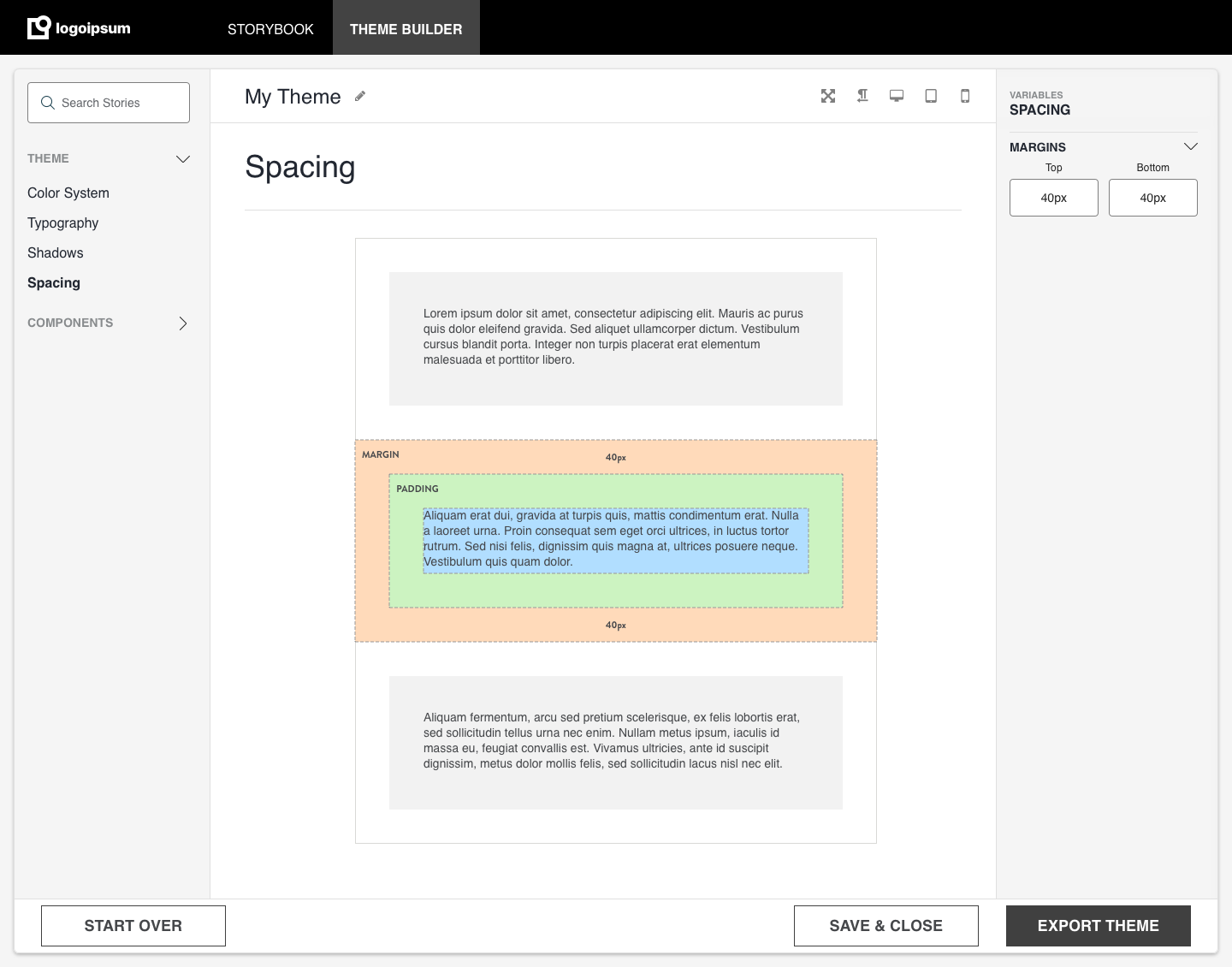 Theme Builder spacing settings