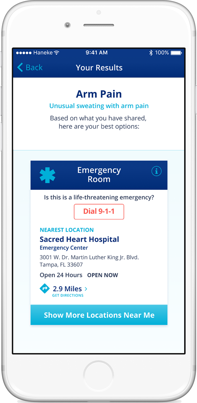 The app provides care options based on the user's symptoms and severity