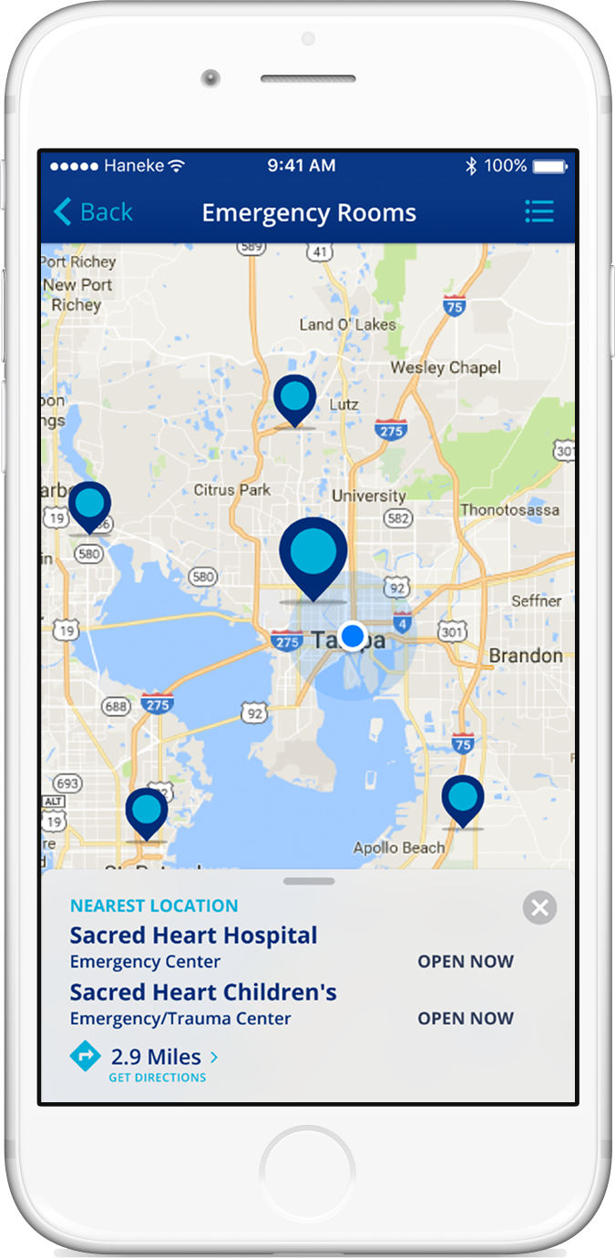 Map view showing the closest hospitals/emergency rooms