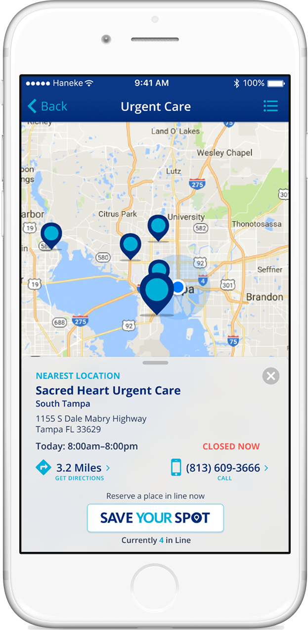 Map view showing the closest urgent care centers