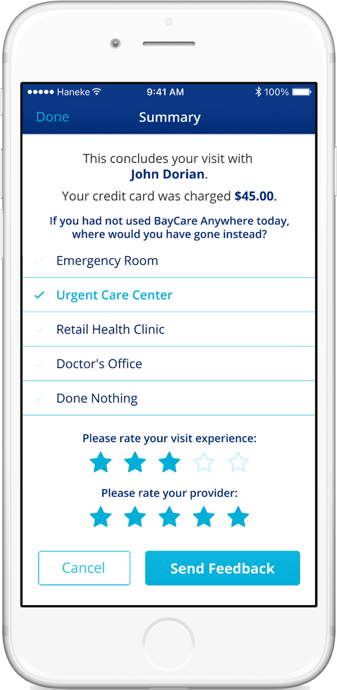 A summary screen with ratings appeared after the call