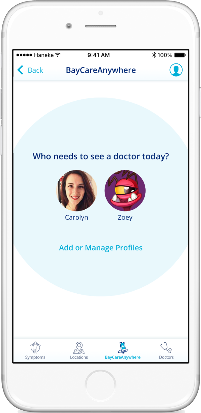 BayCare Anywhere profile selector with avatars